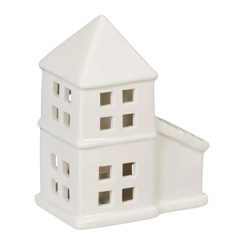 Relaxdays Tealight House Ceramic, Light Through Windows, for 1 Candle, HxWxD: 11.5 x 9.5 x 6 cm, Table Decoration, White
