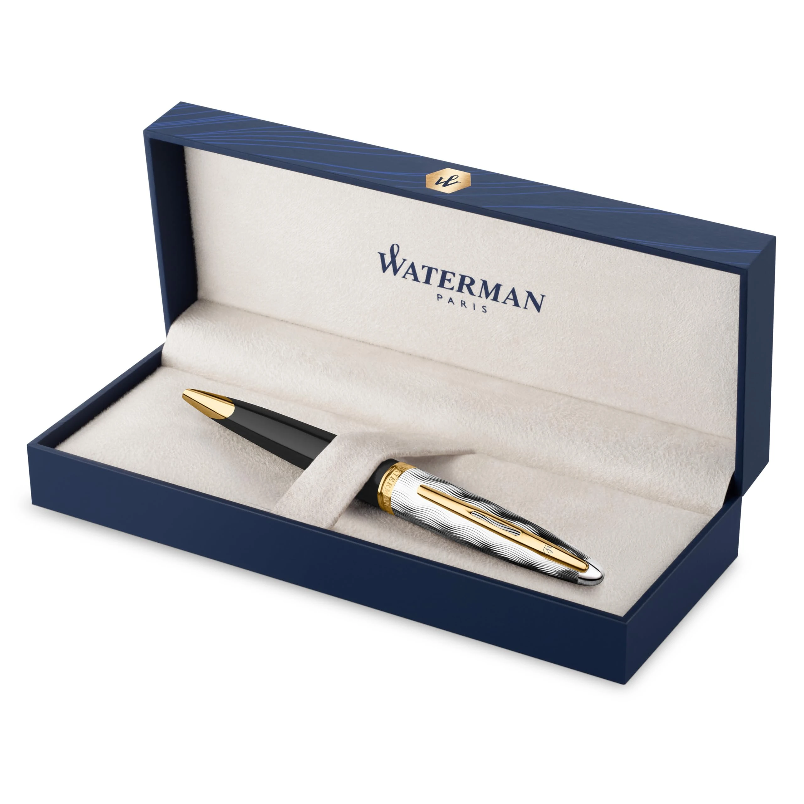Waterman Carene Ballpoint Pen | Metal & Black Lacquer with Gold trim & Chiselled cap | Medium Tip | Blue Ink | Gift Box