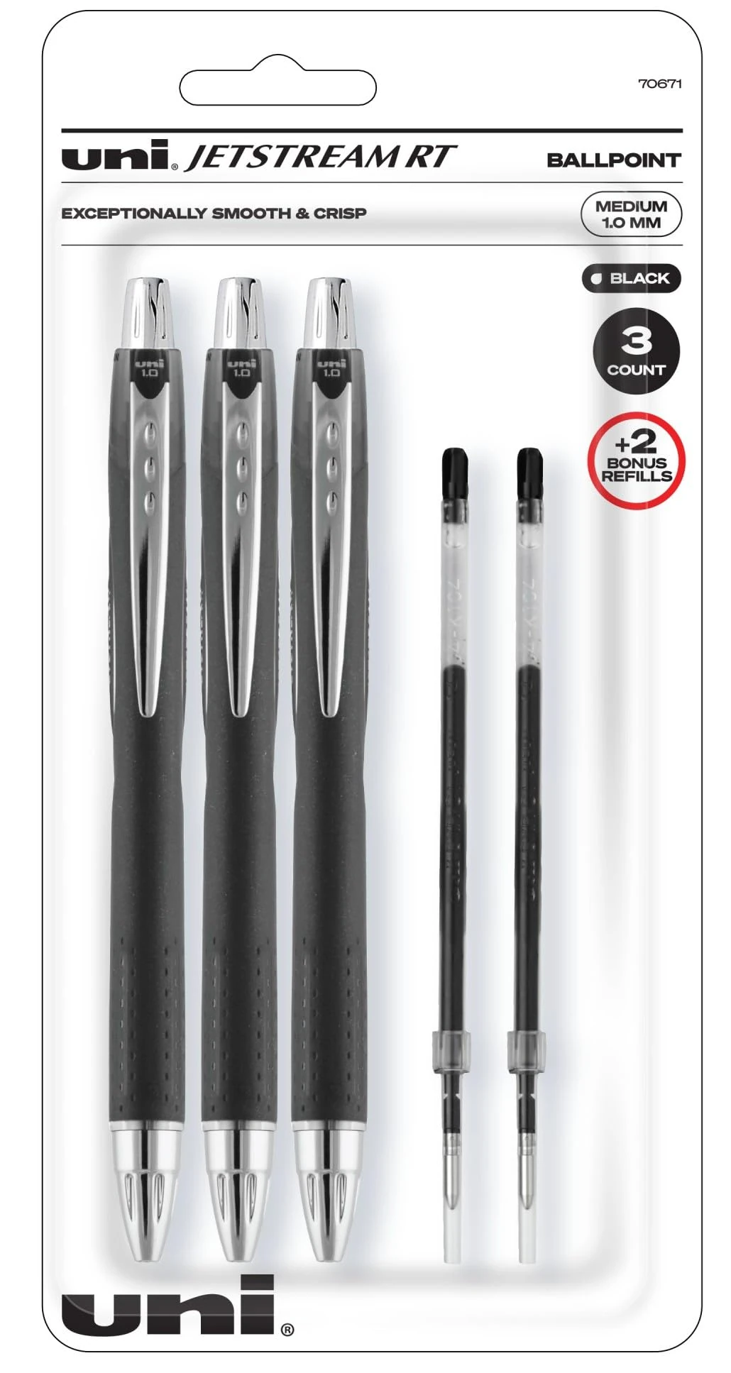 Uni-ball Jetstream Rt Ball Point Pens - Black, Bold Point (1.0mm), 3 Pens + 2 Refills