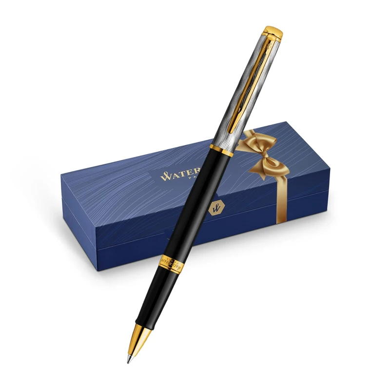Waterman Hémisphère Rollerball pen | Metal & Black Lacquer with Gold trim & Chiselled cap | Fine tip | Black Ink | Gift Box