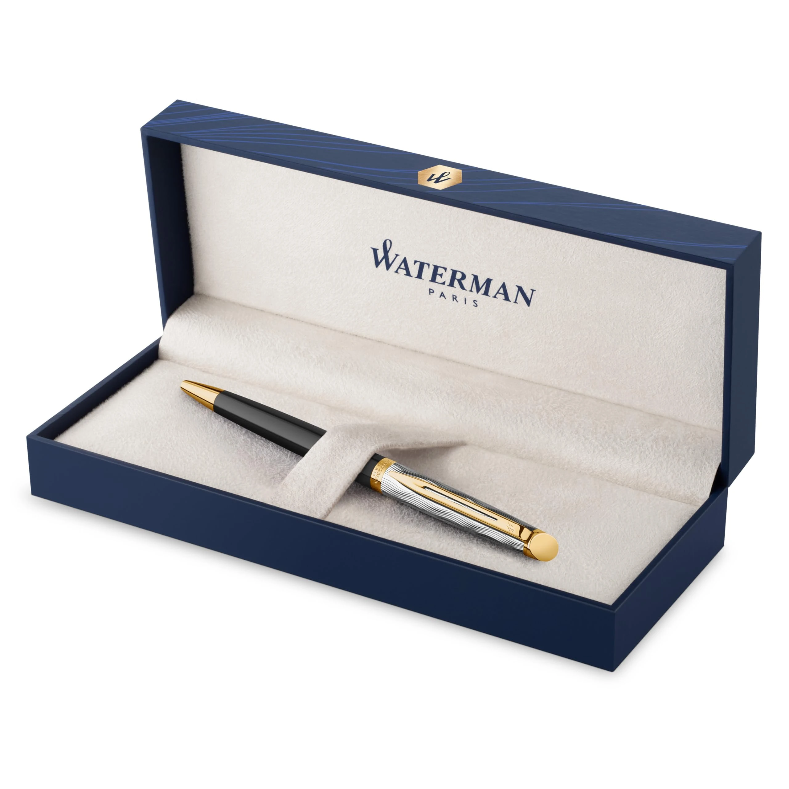 Waterman Hémisphère Ballpoint pen | Metal & Black Lacquer with Gold trim & Chiselled cap | Medium tip | Blue Ink | Gift Box