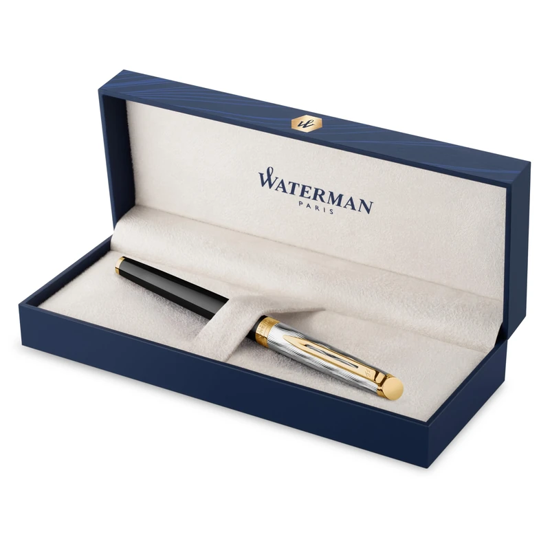 Waterman Hémisphère Fountain Pen | Metal & Black Lacquer with Gold trim & Chiselled cap | Gold Coated Stainless Steel Medium Nib | Blue Ink | Gift Box