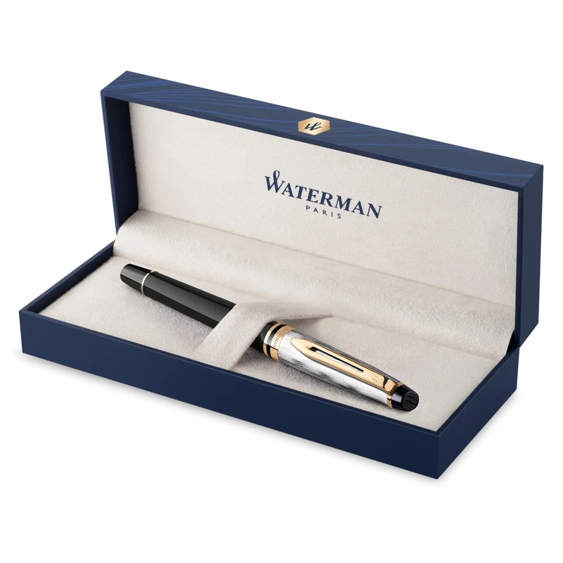 Waterman Expert | Rollerball Pen | Metal & Black Lacquer with Gold trim & Chiselled cap | Fine tip | Black Ink | Gift Box
