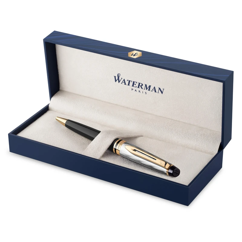Waterman Expert Ballpoint pen | Metal & Black Lacquer with Gold trim & Chiselled cap | Medium tip | Blue Ink | Gift Box