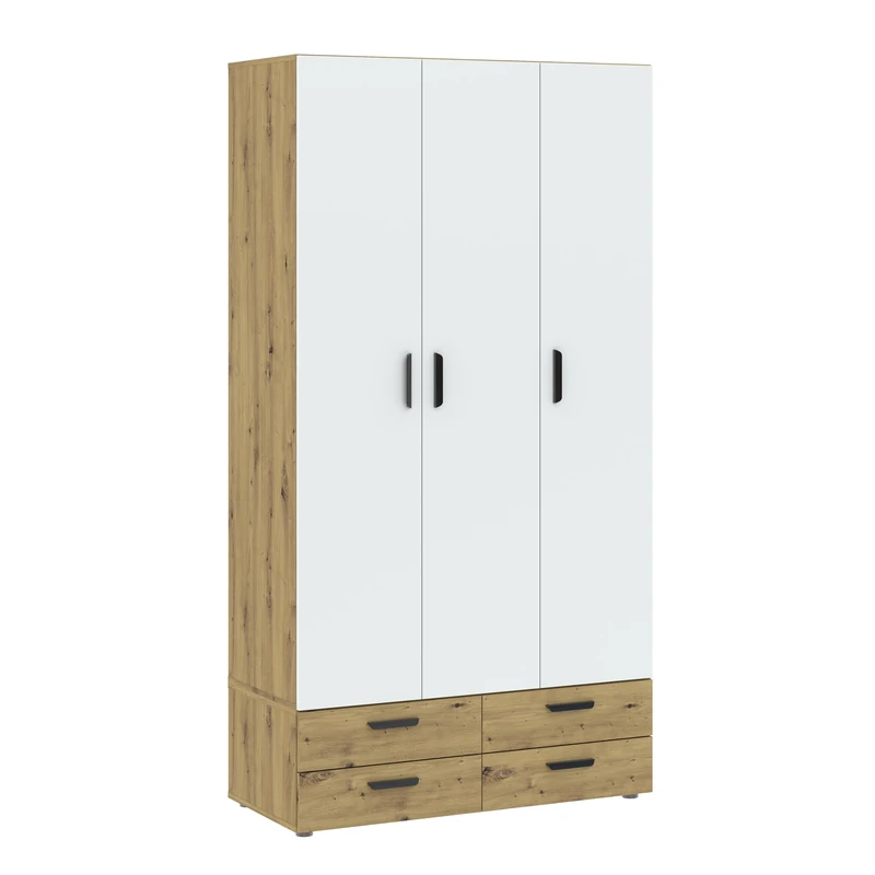 Oggi Italo Oak Wood Cabinet in White with 3 Doors - Storage Space, Design, 4 Drawers, 5 Shelves for Bedroom and Living Room
