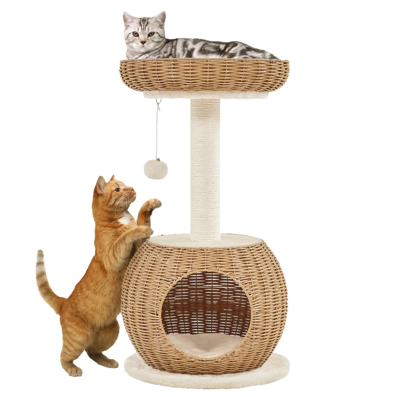 Yaheetech Cat Tree, 75cm Rattan Cat Tower with Luxury Rattan Weaving Cat Condo, Large Top Perch with Replaceable Cushion, Cat Scratching Post for Indoor Kitten, Beige