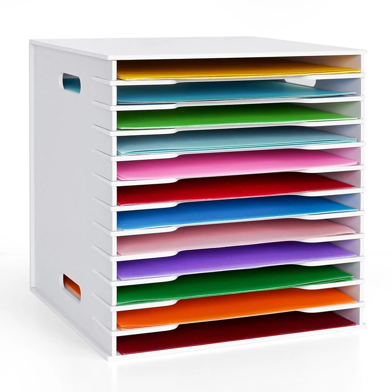 SANFURNEY Scrapbook Paper Organizer for Sizes 12" x 12", 12 Tier File Sorter Storage, Document Holder, Desktop Scrapbook Paper Organizer Rack for Home Office School - White