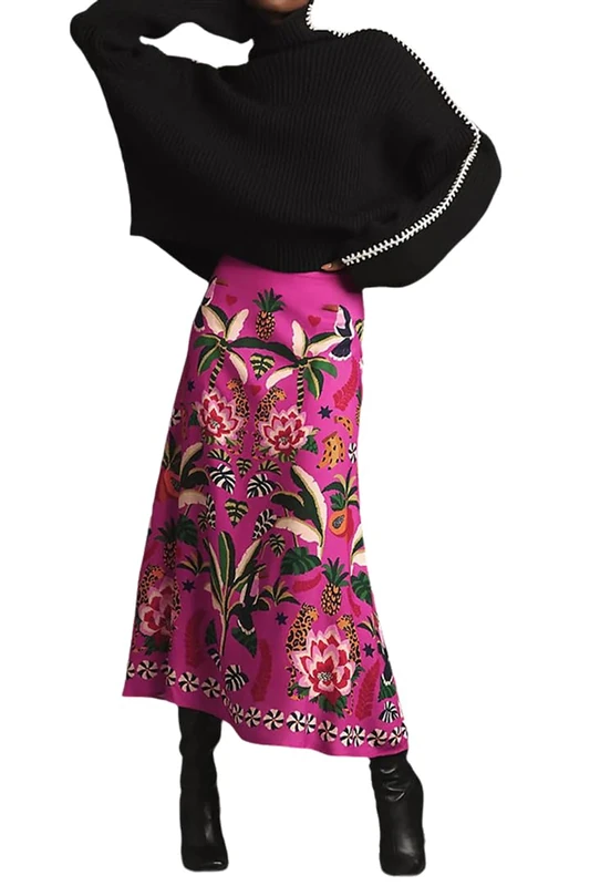THLAI Womens Skirt Midi Skirt Tropical Plant Print Pink Zipper A-Line Long Skirts Spring Summer Skirt Floral, A1 Rose, XL - Image 1