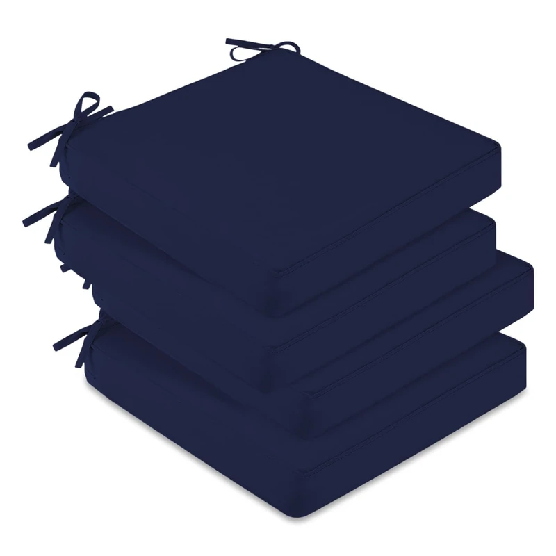 downluxe Outdoor Chair Cushions for Patio Furniture, Waterproof Square Corner Memory Foam Patio Chair Cushion with Adjustable Ties and Portable Handle, 19" x 19" x 3", Navy, 4 Pack