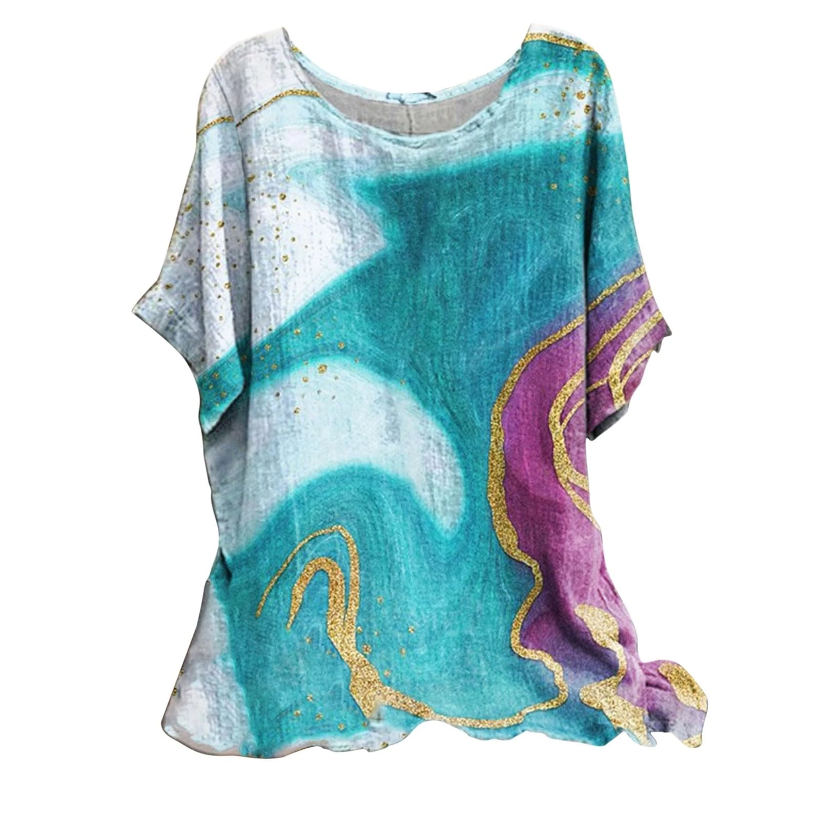 Ladies Linen Tops for Women UK Plus Size Casual Loose Leaf Butterfly Geometric Print Round Neck Short Sleeves Tops Cheesecloth T Shirts Blouse Sales Pullover Tunic Shirts Essential for Summer Vacation