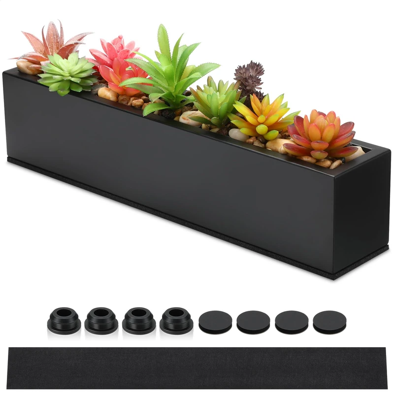 FillTouch 16.1 x 3.2 x 3.5 Inch Long Rectangular Planter Box Window Sill Plant Box Metal Water Trough Indoor Large Modern Steel with Drainage Holes Herb Garden Home(Black)