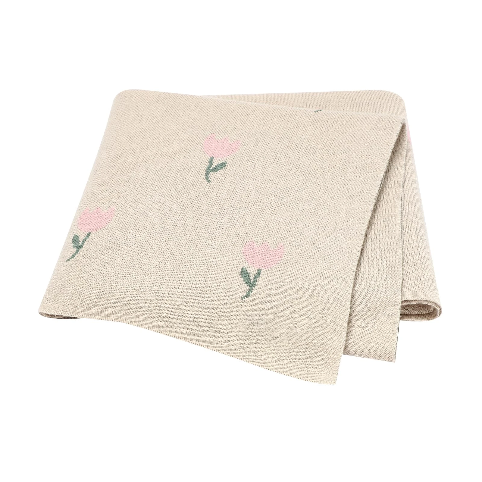 Hadetoto Baby Blanket 100% Cotton Knitted Blankets Soft Cosy Baby Blankets for Newborn (100x80cm) (Floral-Beige)