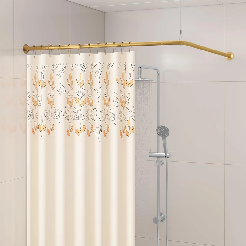 Yampos L Shaped Corner Shower Curtain Rail 39" - 69" x 59" - 85" Adjustable 90 Degree Curved Bathroom Rod Square No Sag with 12 Hooks and Ceiling Support - Gold