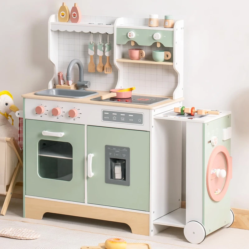 ROBUD Wooden Play Kitchen with Play Food, Ice Maker & Grill – Role Play Toy for Kids Ages 3+