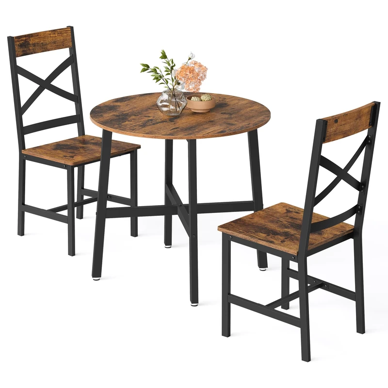 VASAGLE Dining Table and Chairs Set, Dining Chairs Set of 2, Round Kitchen Table, Kitchen Chairs, Steel Frame, Easy Assembly, Industrial Style, Rustic Brown and Black KDT084S02