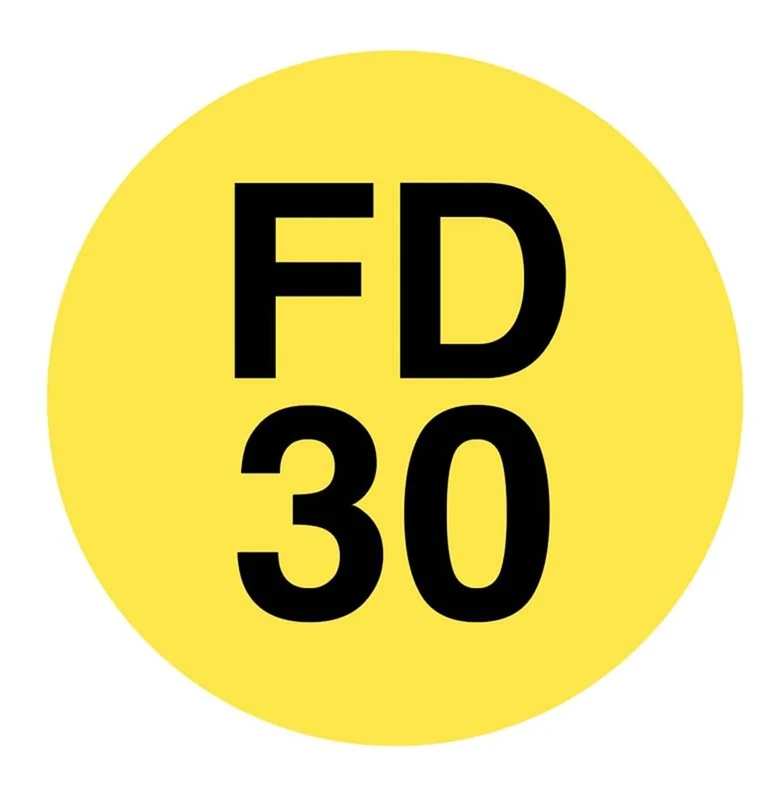 38mm Dia Engraved FD30 Fire door disc (Black text on yellow) - Adhesive Backed (Pack of 50)