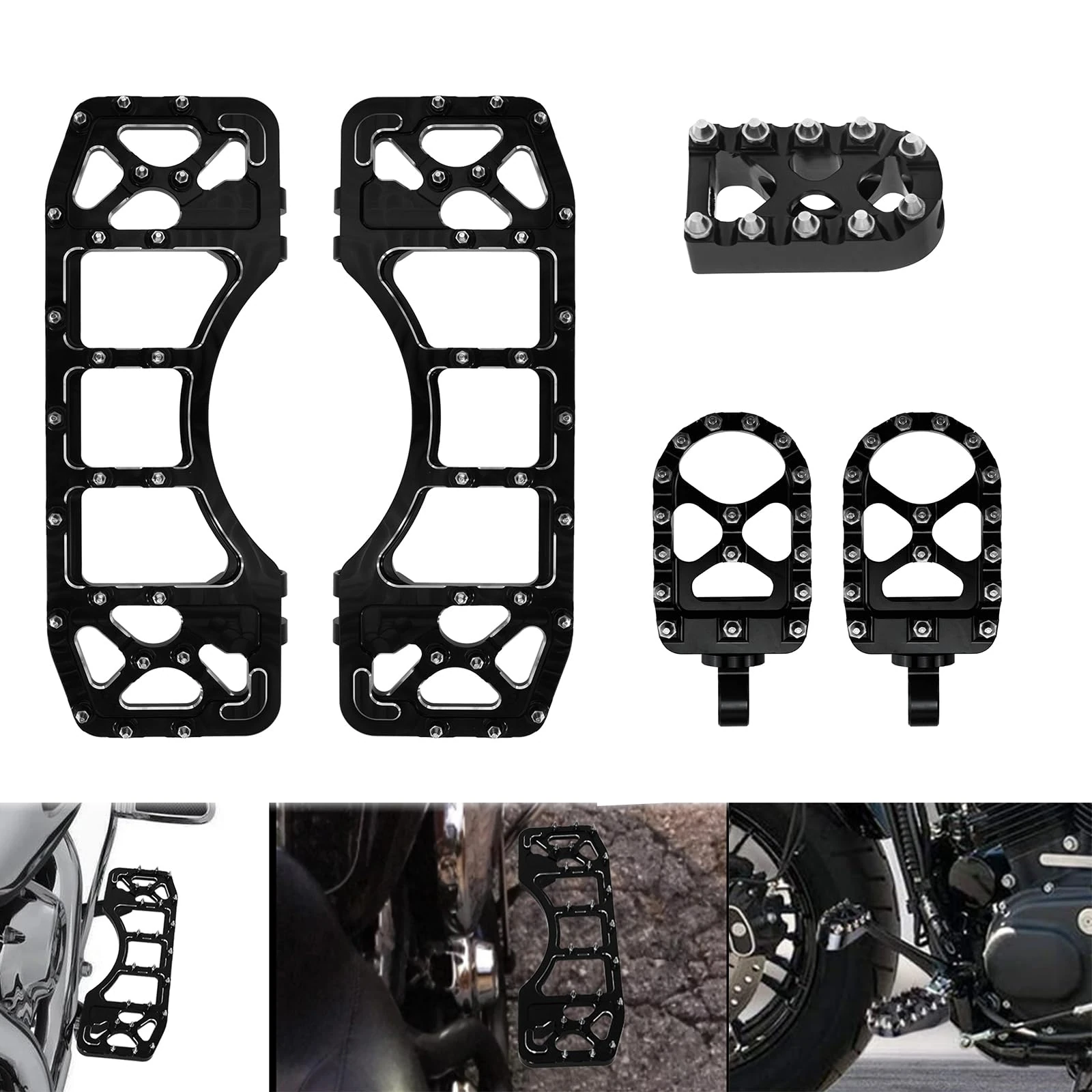 HCmotorku Motorcycle Floorboards Set Driver Passenger Footboards Front Rear Foot Pegs MX Wide Offroad CNC Brake Pedal Fit For Harley Touring Road Glide Electra Glide Street Glide Dyna Softail Black