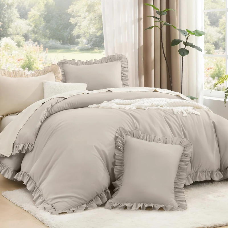 Litanika Full Comforter Set, 3 Pieces Linen Grey Ruffle Bedding Set