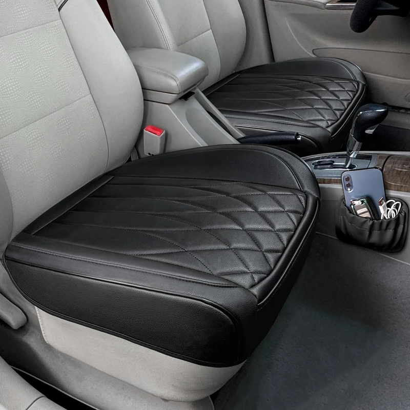BEITK 2 Pack Black Faux Leather Universal Anti-Slip Front Car Seat Bottom Covers with Storage Pocket, Waterproof Bottom for Cars