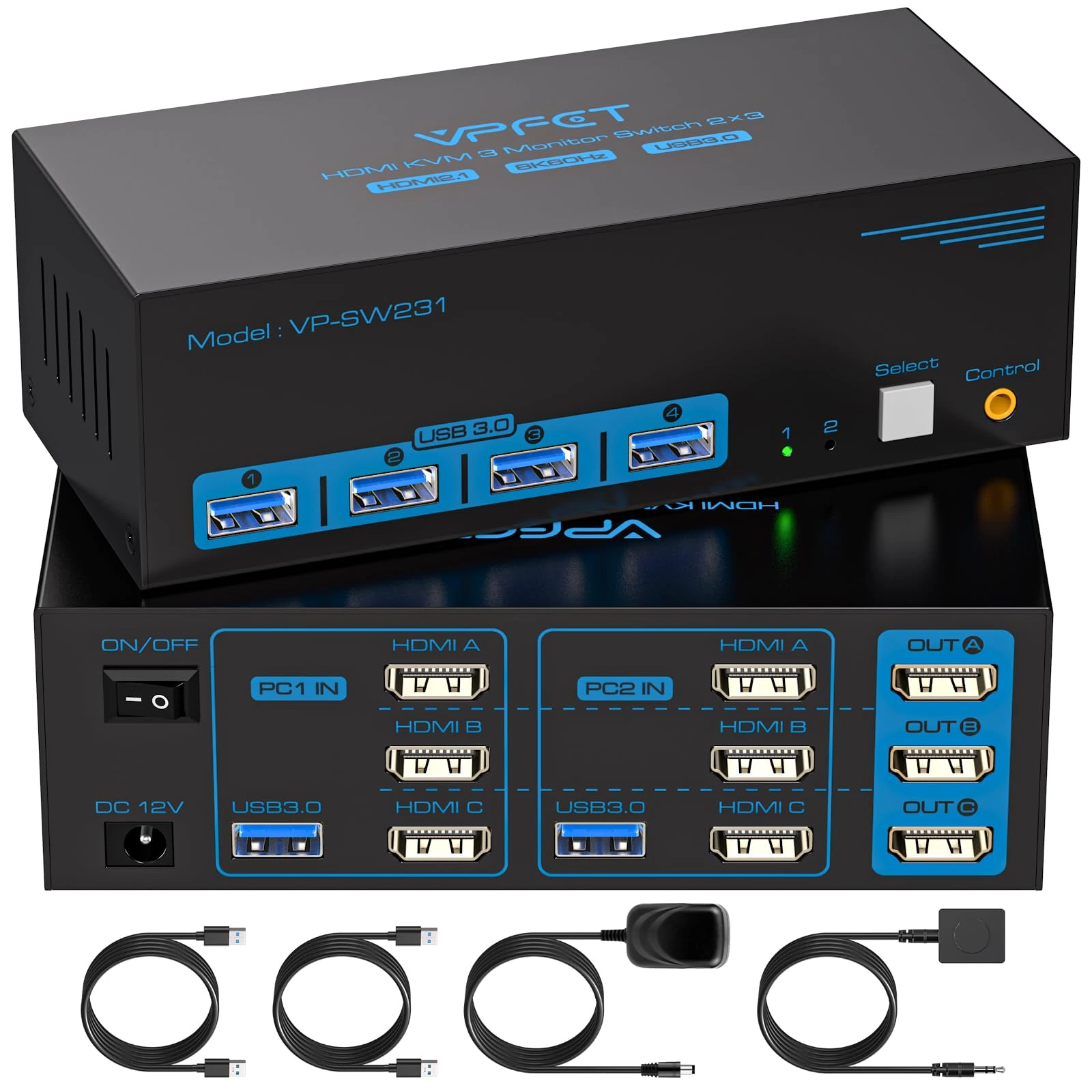 CMSTEDCD HDMI KVM Switch 3 Monitors 2 Computers 8K@60Hz 4K@120Hz USB 3.0 KVM Switches triple monitor for 2 PC Share 4 USB Ports Support Extended & Copy Display 12V DC Adapter Wired Controller Included