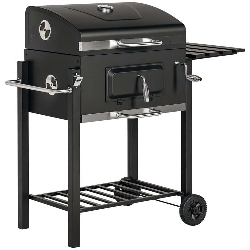 Outsunny Charcoal Grill BBQ Trolley with Adjustable Charcoal Grate, Garden Metal Smoker Barbecue with Shelf, Side Table, Wheels, Built-in Thermometer, Bottle Opener