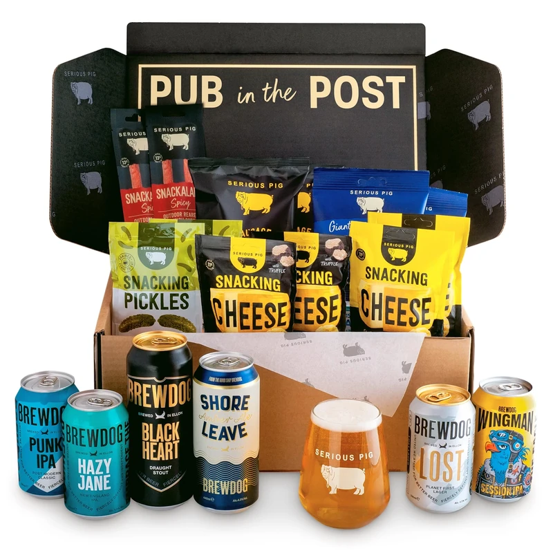 Serious Pig + Brewdog 'Big Night In' Craft Beer and Snacks Gift Hamper with Glassware and Tasting Notes (19 Pack)