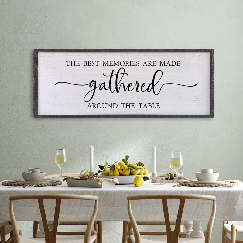 Surfapans The Best Memories Are Made Gathered Around The Table Dining Room Sign 40”X15” Dining Room Wall Art (Black)