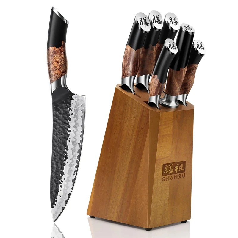 SHAN ZU Knife Set 7pcs, Japanese Kitchen Knife Set with Block, Sharp Chef Knife Set with Sharpener, 7 Layers High Carbon 10Cr15Mov Stainless Steel Blade & Maple Wood Handle - Tengu Series