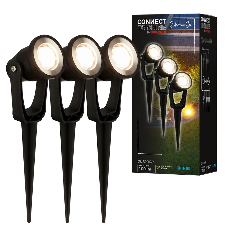 Briloner - Connect to Shine System 12 V, 3 LED Spotlights with Ground Stake, Extension Kit, IP65, Warm White Light, Garden Lighting, 22.5 x 6 x 5 cm, Black
