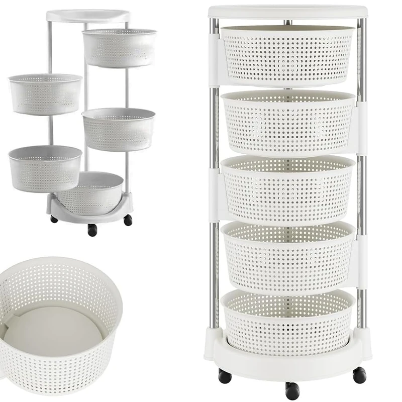 BAKAJI Kitchen Fruit Trolley with Opening Baskets, Space-Saving Storage Trolley with 4 Swivel Wheels, Steel Structure and Plastic Baskets, Ideal Kitchen, Bathroom, (5 Shelves)