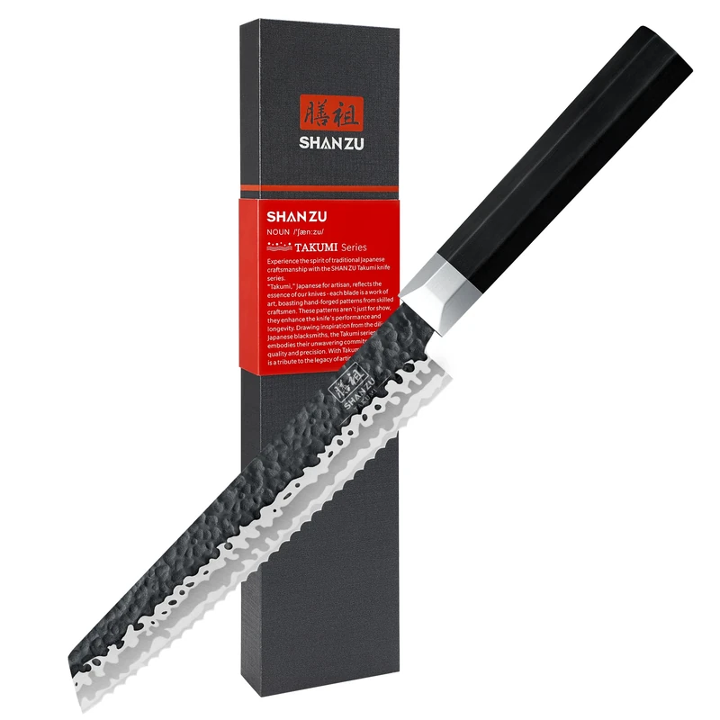 SHAN ZU Bread Knife 8 inch, Japanese 10Cr15MoV High Carbon Steel Professional Serrated Bread Cutting Knife - Ergonomic G10 Handle, Dishwasher Safe