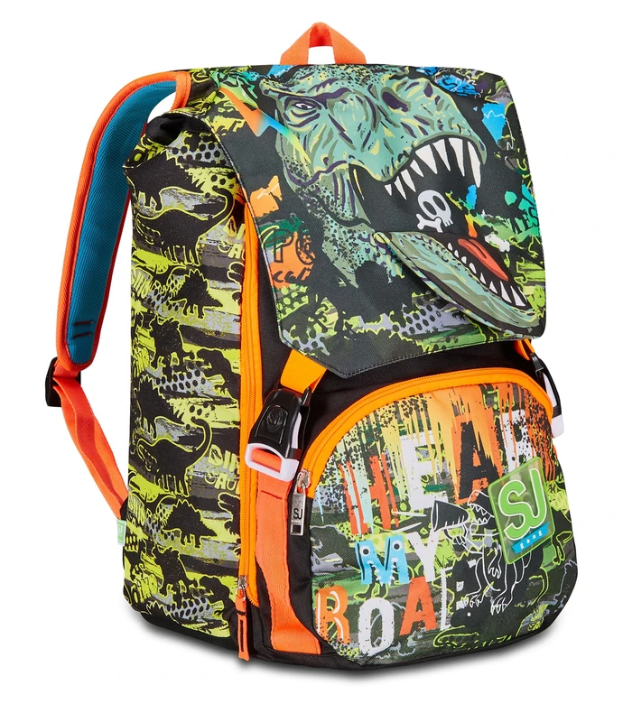 SJ Gang Expandable School Backpack, Black Orange, RexMe, Double Compartment Backpack Extensible Through Side Zips, Bottle Pocket, Elementary and Middle Schools, Child Boy, Black, Taglia unica,