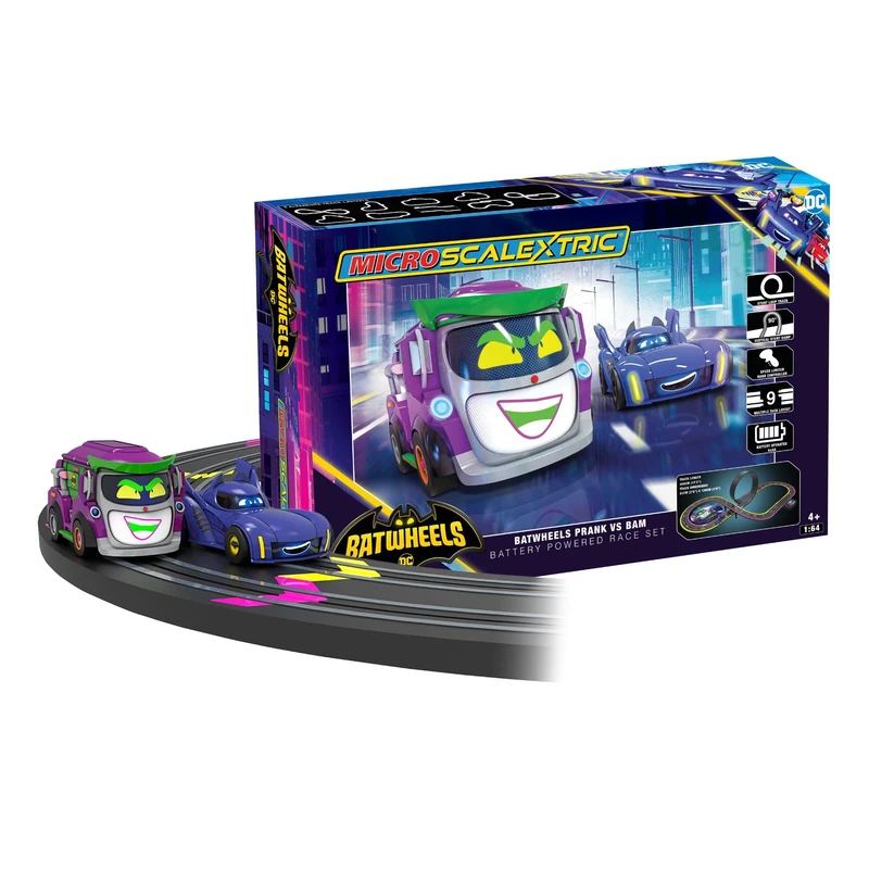 Micro Scalextric G1186M Batwheels Bam vs Prank Battery Powered Race Set -Slot Car racing for Kids age 4 + with stunt loop race track