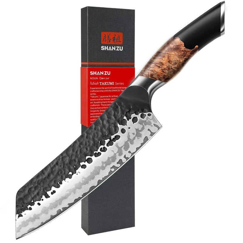 SHAN ZU Santoku Knife Japanese Kitchen Knife 7 Inch, Professional Utility Chef's Cooking Knife with Hand Forged 7 Layers High Carbon 10Cr15MoV Steel Sharp Blade and Maple Wood Handle - Tengu Series