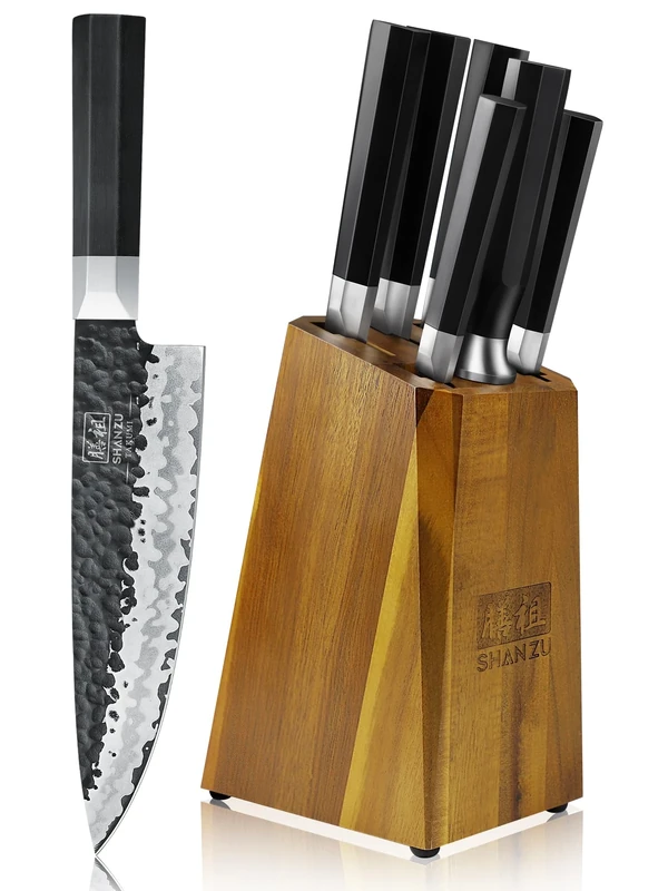 SHAN ZU 7-Piece Knife Set with Block, Hand Forged 7-Layer, Japanese 9Cr18MoV High-Carbon Stainless Core, Professional Chef Knives, Ultra-Sharp, Octagonal G10 Handle