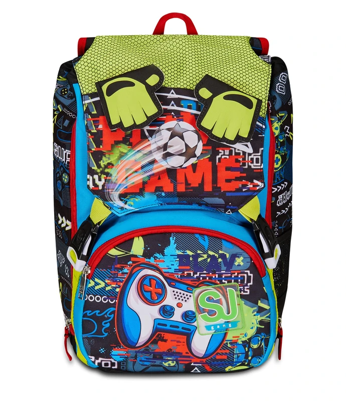 SJ Gang Style Jam Gang Expandable School Backpack, Black Red, FunnyGoal, Double Compartment Backpack Extensible Through Side Zips, Bottle Pocket, Elementary and Middle Schools, Child Boy