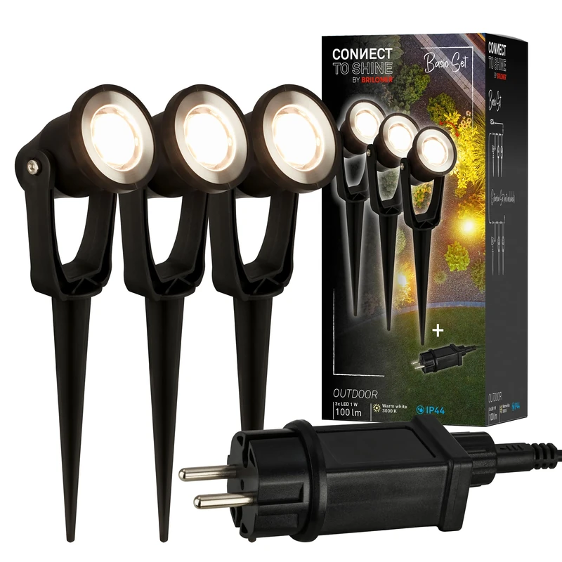 Briloner - Garden Lighting Connect to Shine 12V, Set of 3 LED spotlights with Stake, Basic kit with Transformer, IP65, Warm White Light, LED Garden Spotlight, 22.5x6x5cm, Black