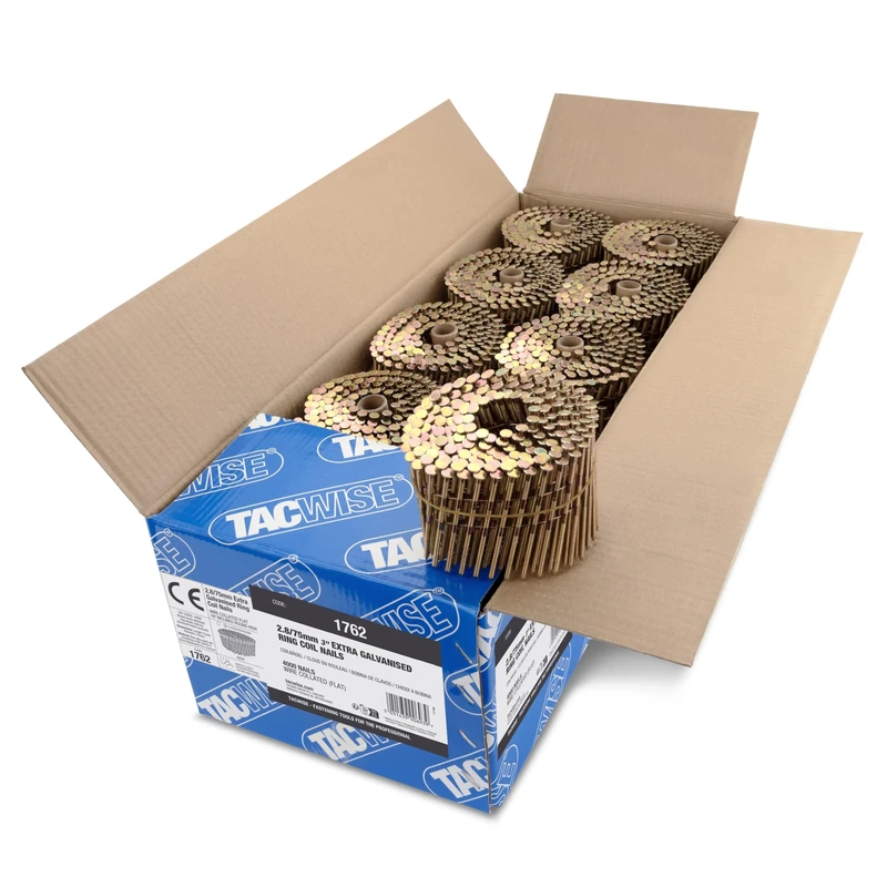 TACWISE 1762 Extra Galvanised Flat Top Coil Nails Type 2.8 x 75 mm, Diamond Point, Ring Shank, 16° Inclined, Wire Collated, Pack of 4000