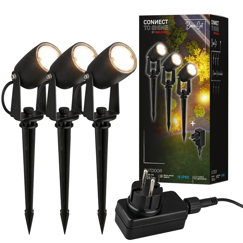 BRILONER - Connect to Shine 12V Garden System Set of 3 LED Spotlights with Ground Spike Base Set with Transformer, IP65, Warm White Light, Garden Light, LED Garden Spotlight, 25.5 x 4 cm, Black