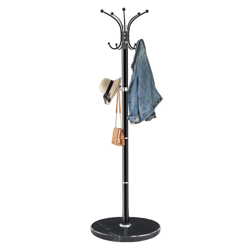 Snaikor Metal Coat Rack Stand with Natural Marble Base, Modern Coat Rack Freestanding, 360°Rotary Coat Racks with 14 Hooks, Heavy Duty Coat Hall Tree Hanger Stand for Entryway, Office(Black) - Image 1
