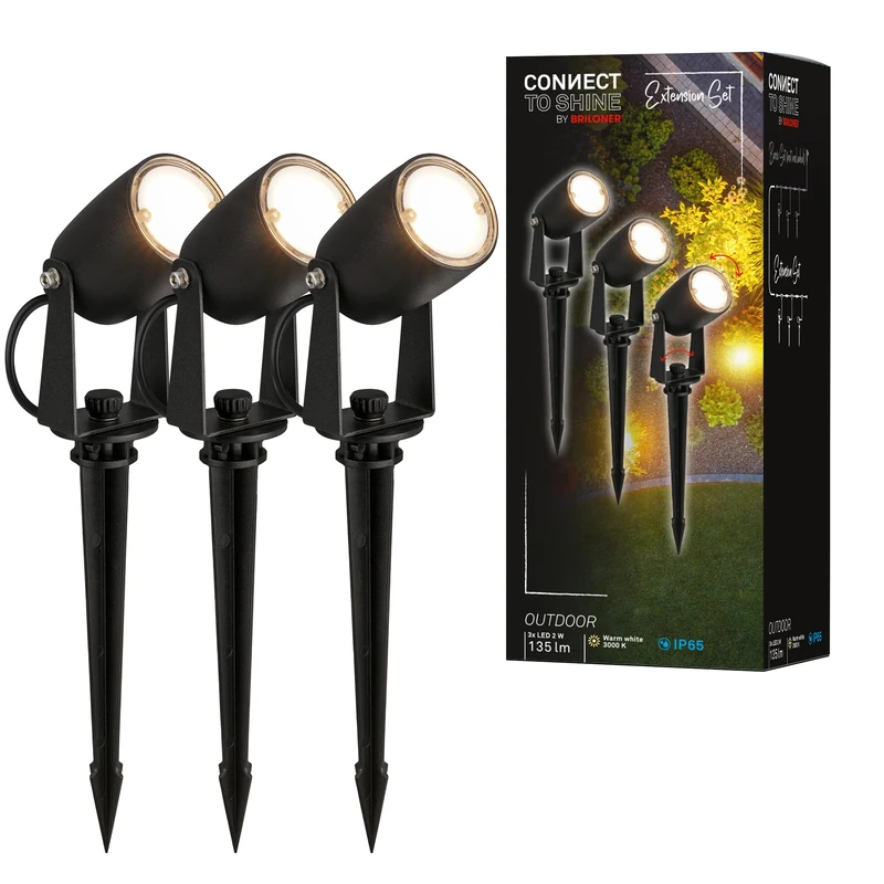 Briloner - Connect to Shine 12V Garden System, Set of 3 LED spotlights with Ground Stake, Extension kit, IP65, Warm White Light, Garden Lighting, LED Garden Spotlight, 25x4 cm, Black