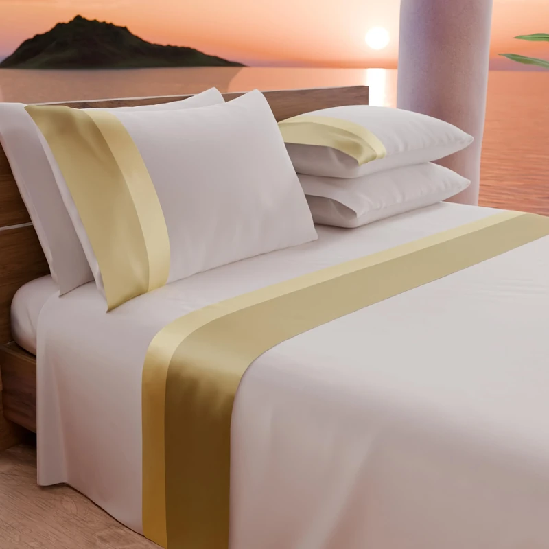 PETTI Artigiani Italiani - Double Bed Sheet Set with Double Satin Frill, 4 Pieces, 180 x 200 cm, Percale Cotton Sheets - Fitted Sheet, Top Sheet and 2 Pillowcases, Gold