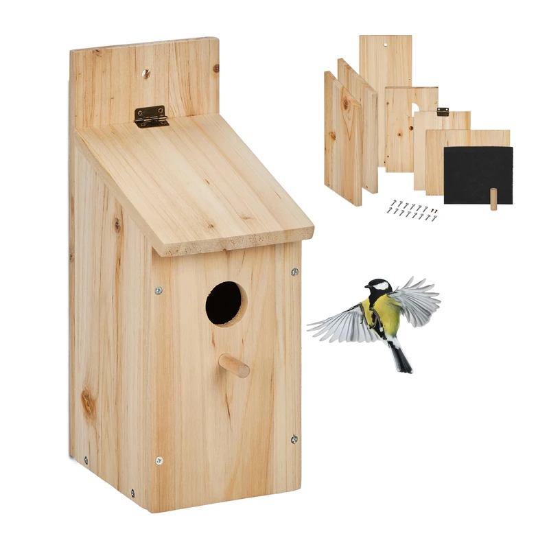 Relaxdays Nesting Box Kit, 32 mm Entrance, HWD: 29.5x11.5x17 cm, Bird House to Build Yourself, Wood, Natural, 29.5 x 11.5 x 17 cm
