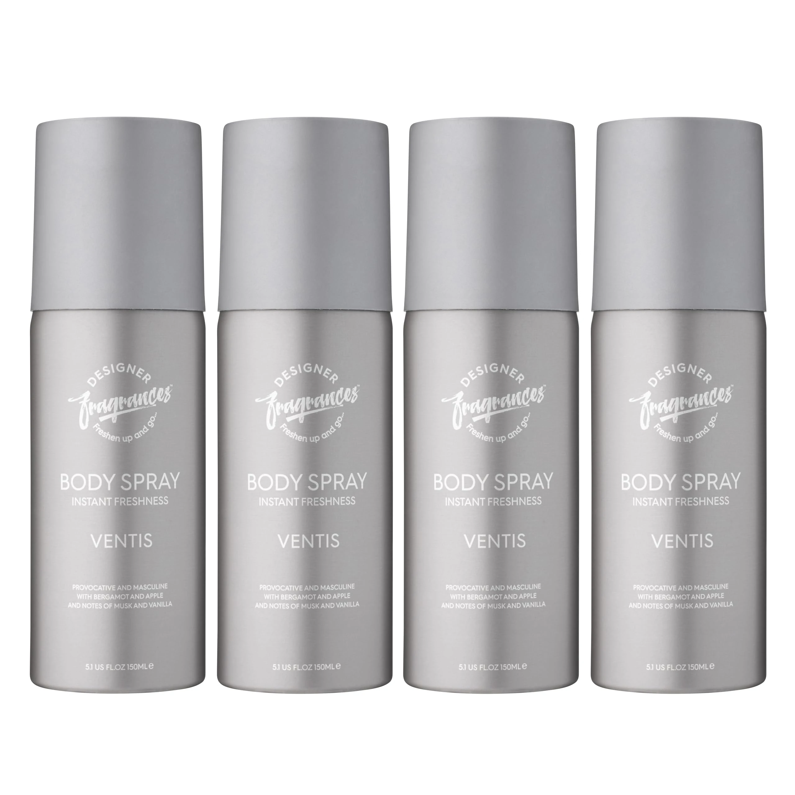 Designer Fragrances 4 Pack Ventus Men's Body Spray Deodorant Cans - For Instant Freshness on The Go - Long Lasting Smell - Great Male Gift Sets - 150ml