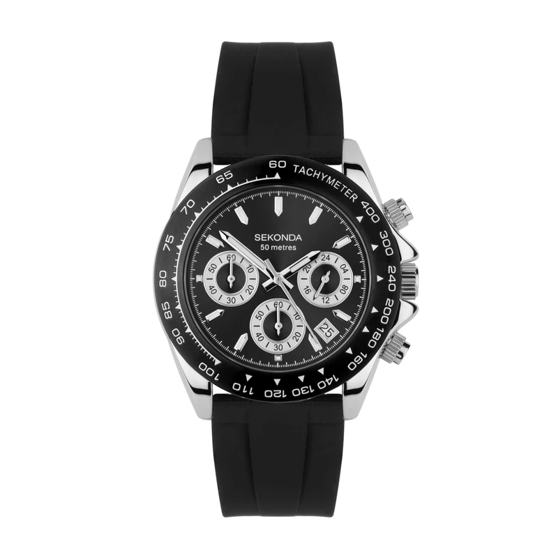 Sekonda Classic Circuit Men's 43mm Chronograph Watch in Black with Analogue Date Display, and Black Silicone Strap 30199
