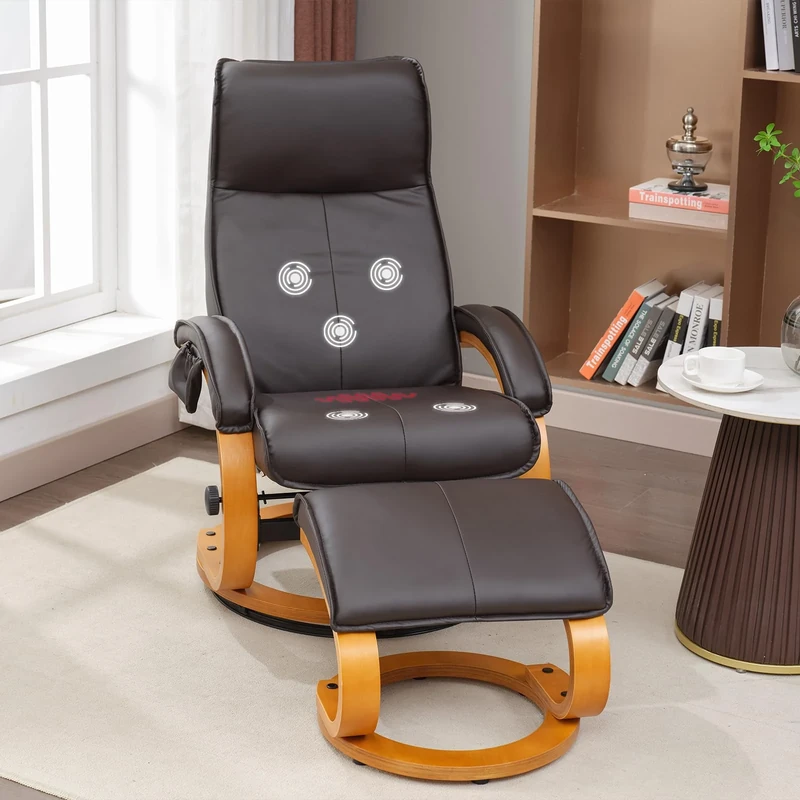 DEKKETO Recliner Armchair With Footstool, Leather Swivel Reclining Chairs With Heat And Massage, 145° Single Sofa Chair With Side Pocket, Tilting Lock For Living Room, Brown