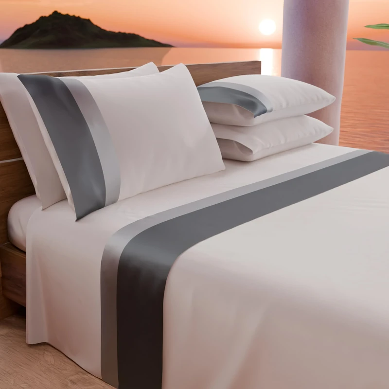 PETTI Artigiani Italiani - Double Bed Sheet Set with Double Satin Frill, 4 Pieces, 180 x 200 cm, Percale Cotton Sheets - Fitted Sheet, Top Sheet and 2 Pillowcases, Grey