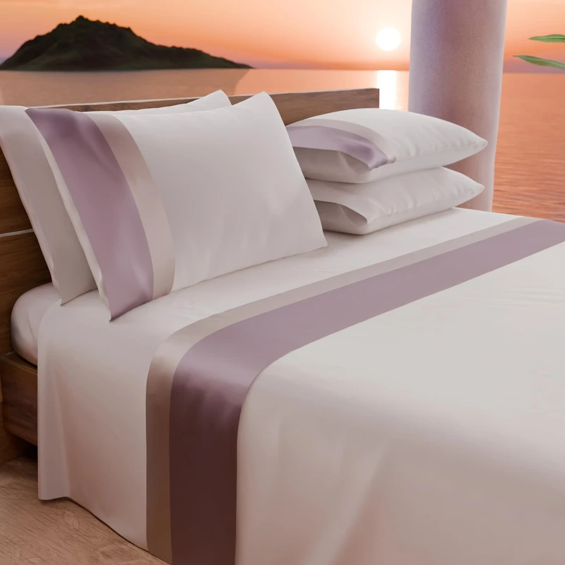 PETTI Artigiani Italiani - Double Bed Sheet Set with Double Satin Frill, 4 Pieces, 180 x 200 cm, Percale Cotton Sheets - Fitted Sheet, Top Sheet and 2 Pillowcases, Powder