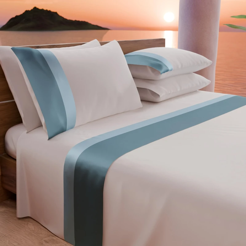 PETTI Artigiani Italiani - 3-Piece Satin Bed Sheet Set with Double Frill, 120 x 200 cm, Cotton Percale Sheets - Fitted Sheet, Top Sheet and 1 Pillowcases, Light Blue