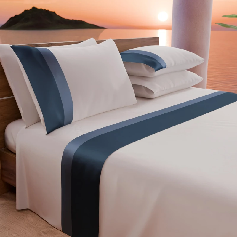 PETTI Artigiani Italiani - Double Bed Sheet Set with Double Satin Frill, 4 Pieces, 180 x 200 cm, Cotton Percale Sheets - Fitted Sheet, Top Sheet and 2 Pillowcases, Blue